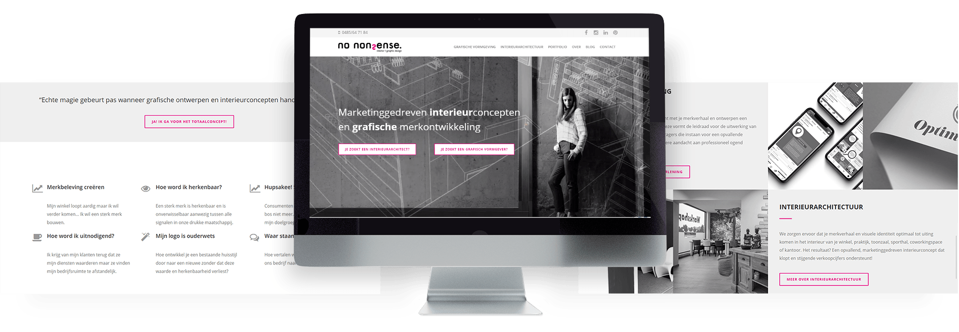 Moderne website met videoheader voor No Nonsense Design interieurarchitect en grafisch vormgever uit Genk